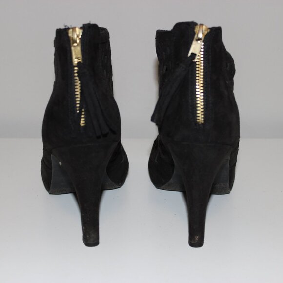 Lane Bryant Black Suede Laser Cut Out Peep Toe Mesh Tassel Zip Up Heels Size 10W - Picture 5 of 8